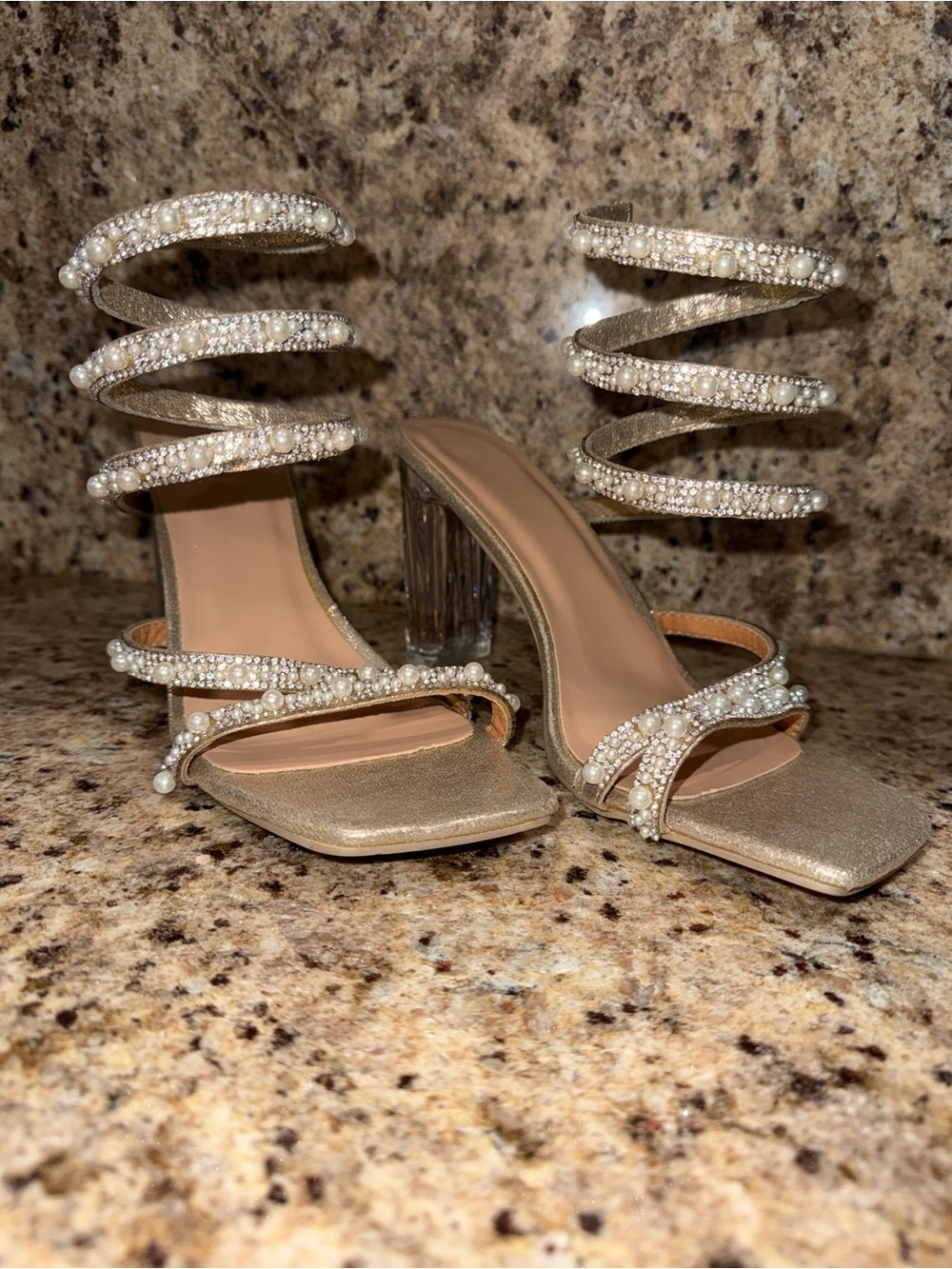 Gold Pearl Spiral Strap Heeled Sandals
